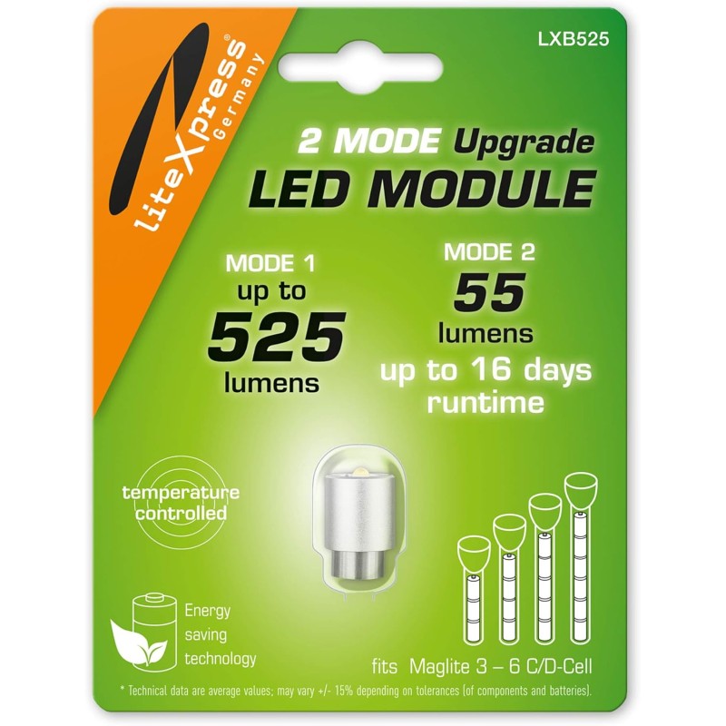 LiteXpress Module LED - 2 modes 55 / 525 lumens - pour lampes torche Maglite de 3 à 6 piles Type C ou D