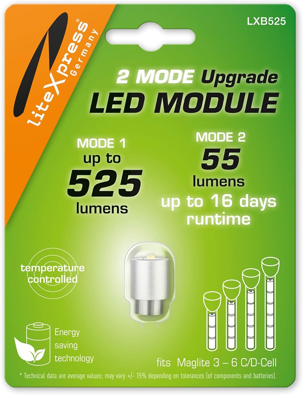 LiteXpress Module LED - 2 modes 55 / 525 lumens - pour lampes torche Maglite de 3 à 6 piles Type C ou D